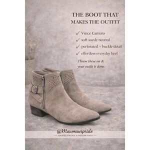 Vince Camuto Taupe Suede Perforated Buckle Ankle Boots 9.5M 41 Low Heel Booties